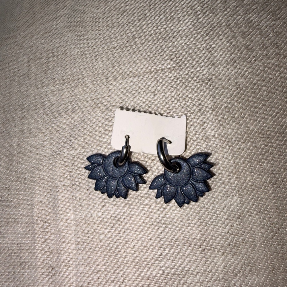 Handmade Galaxy Blue Flower Polymer Clay Huggie Earrings